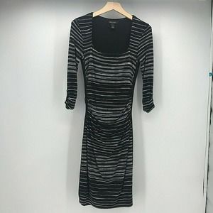White House Black Market Dress Womens XS Black Gray White Stripe Ruched Bodycon